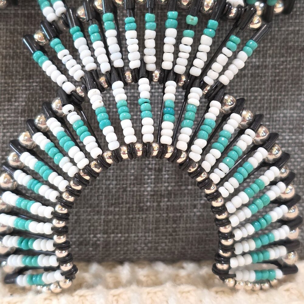 Vintage Squash Blossom Turquoise White Black Handmade Beaded Safety Pin Necklace - Picture 3 of 14